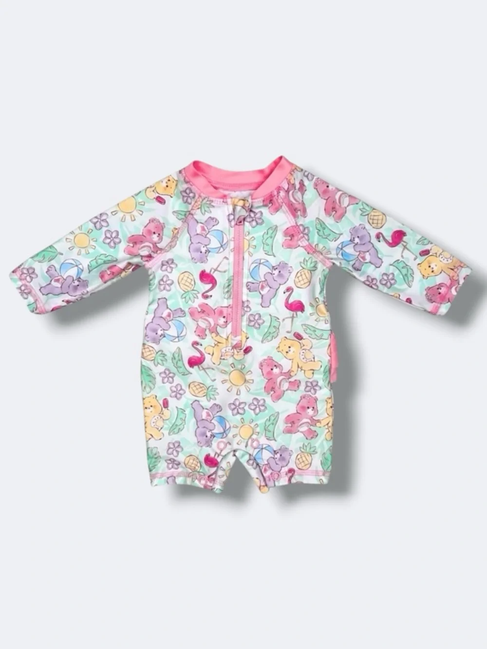 🍄 3/$15 Care Bears Baby Rashguard One Piece 0-3M Long Sleeve Ruffle Butt Swim